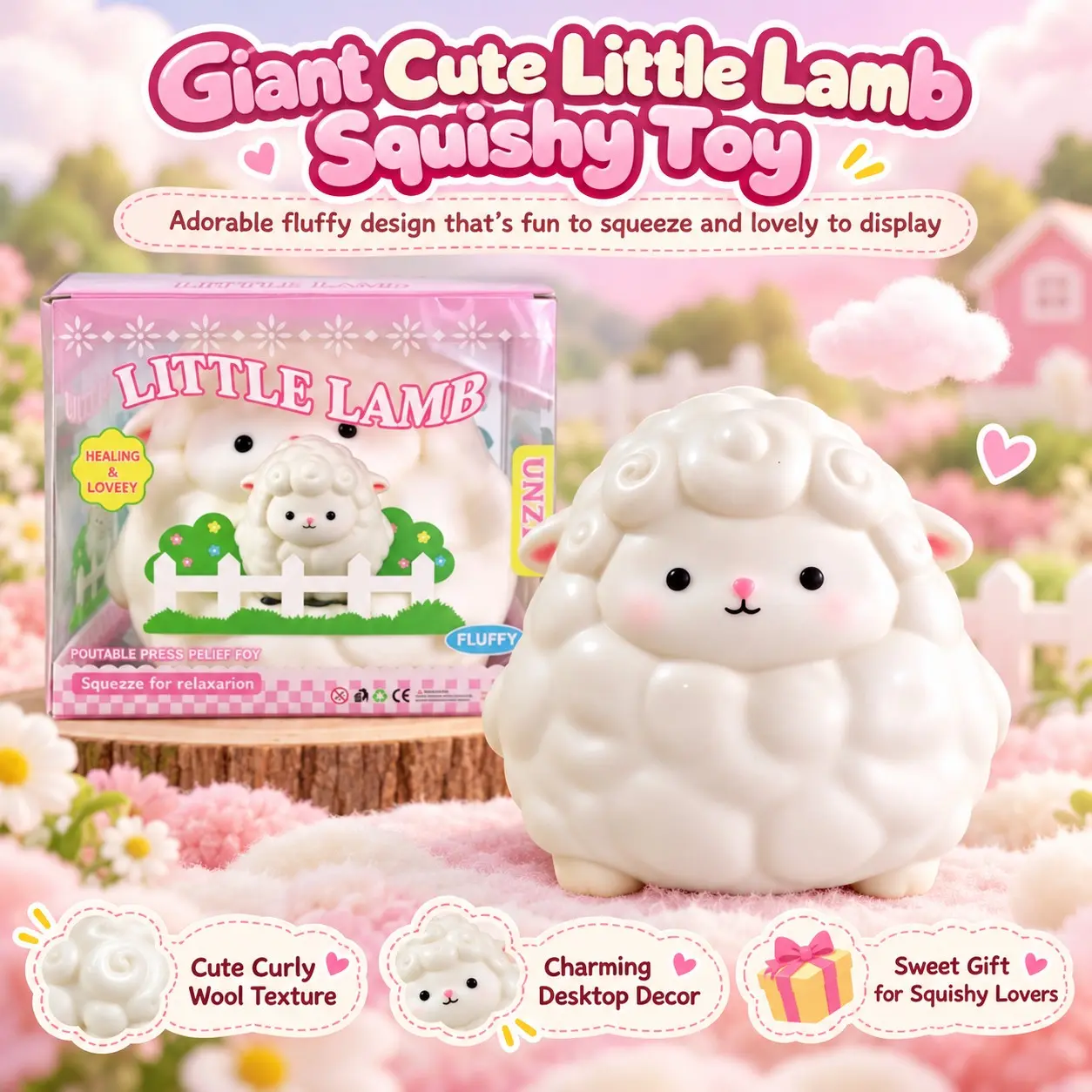 Giant Cute Little Lamb Squishy Toy, Soft Fluffy Curly Wool Sheep Fidget Squeeze Toy, Healing Stress Relief Sensory Toy with Pink Gift Box, Lovely Desktop Decor & Sweet Gift