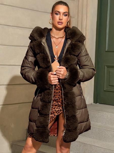 Women's Elegant puffer Coat with Fleece Trim & Belt, Mid-Length Fall Winter Hooded Jacket, Warm Daily Wear Outerwear