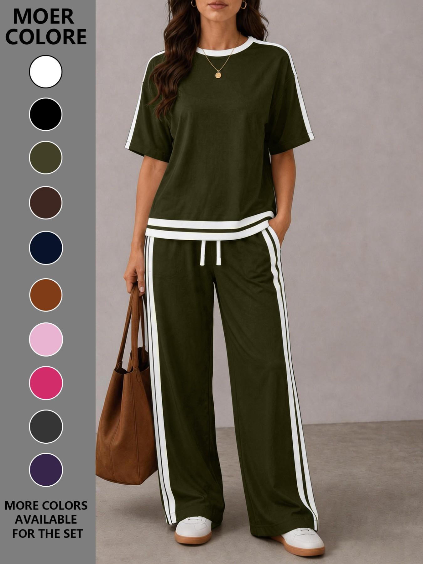 Women's Casual Sportswear Set, Plain Round Neck Short Sleeve T-Shirt and Striped Pants, Spring Summer Two-Piece, All Seasons, Loose Casual Athleisure