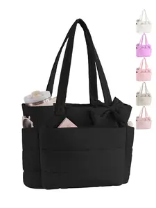 【Valentine's Day】Puffer Tote Bag for Women, Quilted Bow Tote Bag, Daily Commuting Bag, Casual Commuter Bag with Cup Holder & 15.6 In Laptop Compartment for Work, Travel, Gym, College，Valentine's Day, Christmas and Thanksgiving Day gifts