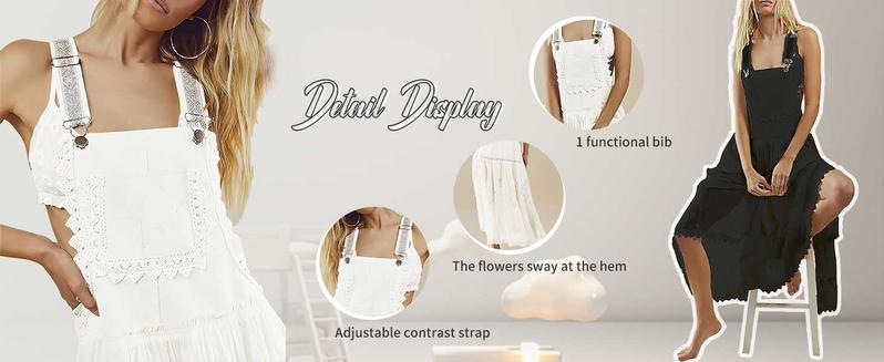 Chouyatou Women's Summer Laced Embroidered Tulle Bib Beachwear Dress Casual Comfortable Loose Adjustable Straps Maxi Dress Womenswear Flared