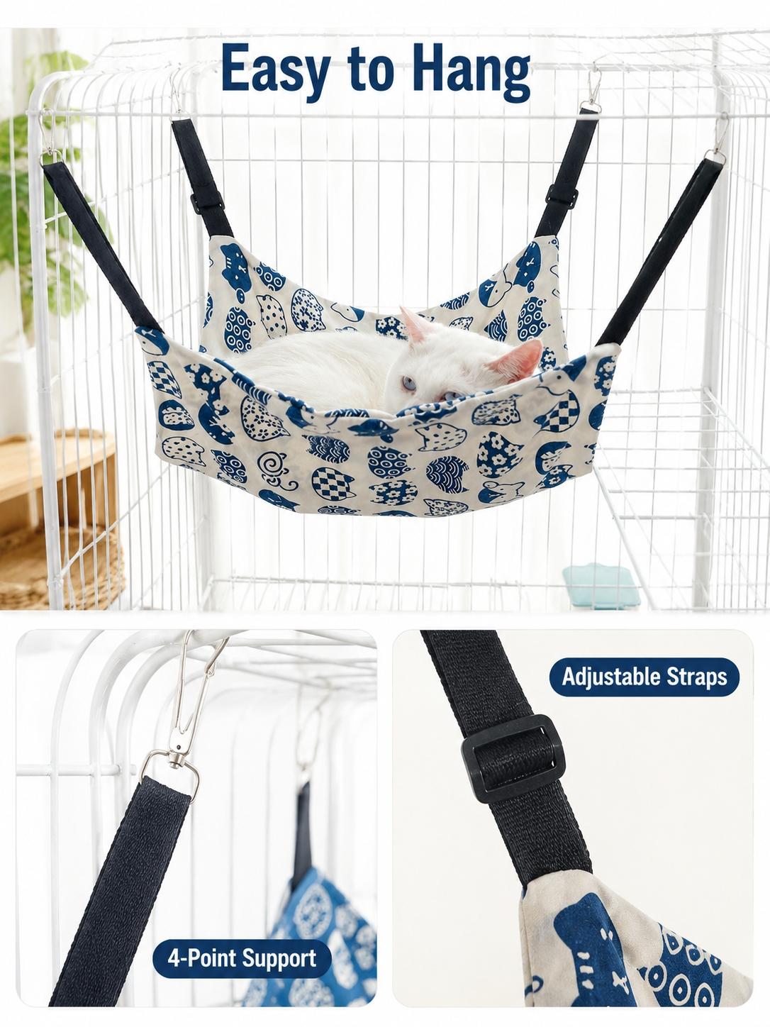 Adjustable Cat Hammock Bed, Durable Canvas Material, Blue- Pattern, Cute, Ideal for Small-Medium-Large Cats, Pet Resting Spot