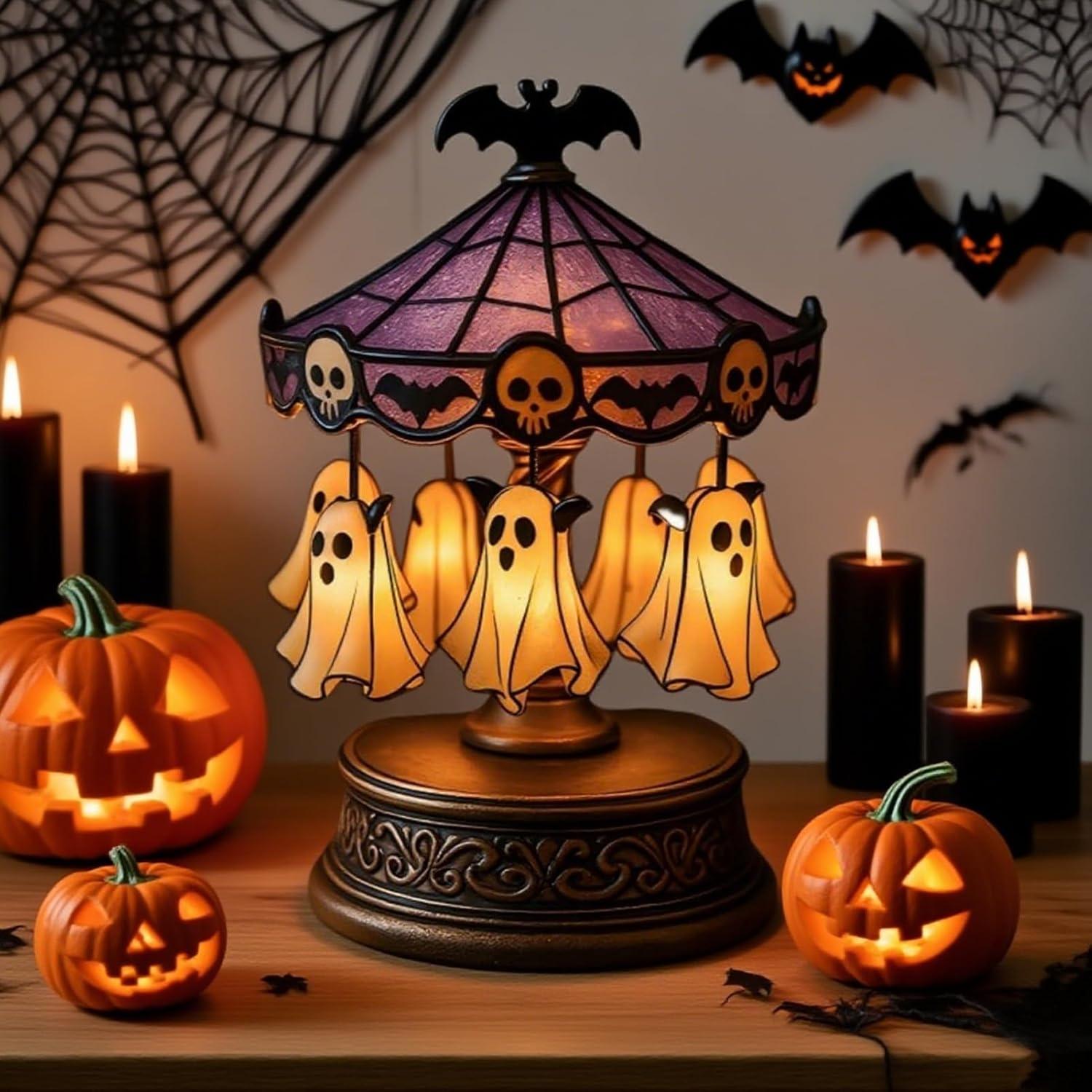 Cute Halloween Ghost Carousel Night Light, Antique Stained Glass, Vintage Carousel Decor, Indoor Home Party Kitchen Table