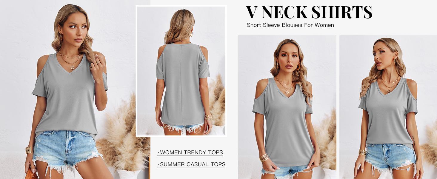 Danedvi Women's Summer Cold Shoulder T-Shirt Casual Short Sleeve V Neck Blouse Top White Womenswear SpringStatements