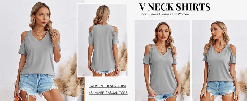 Danedvi Women's Summer Cold Shoulder T-Shirt Casual Short Sleeve V Neck Blouse Top White Womenswear