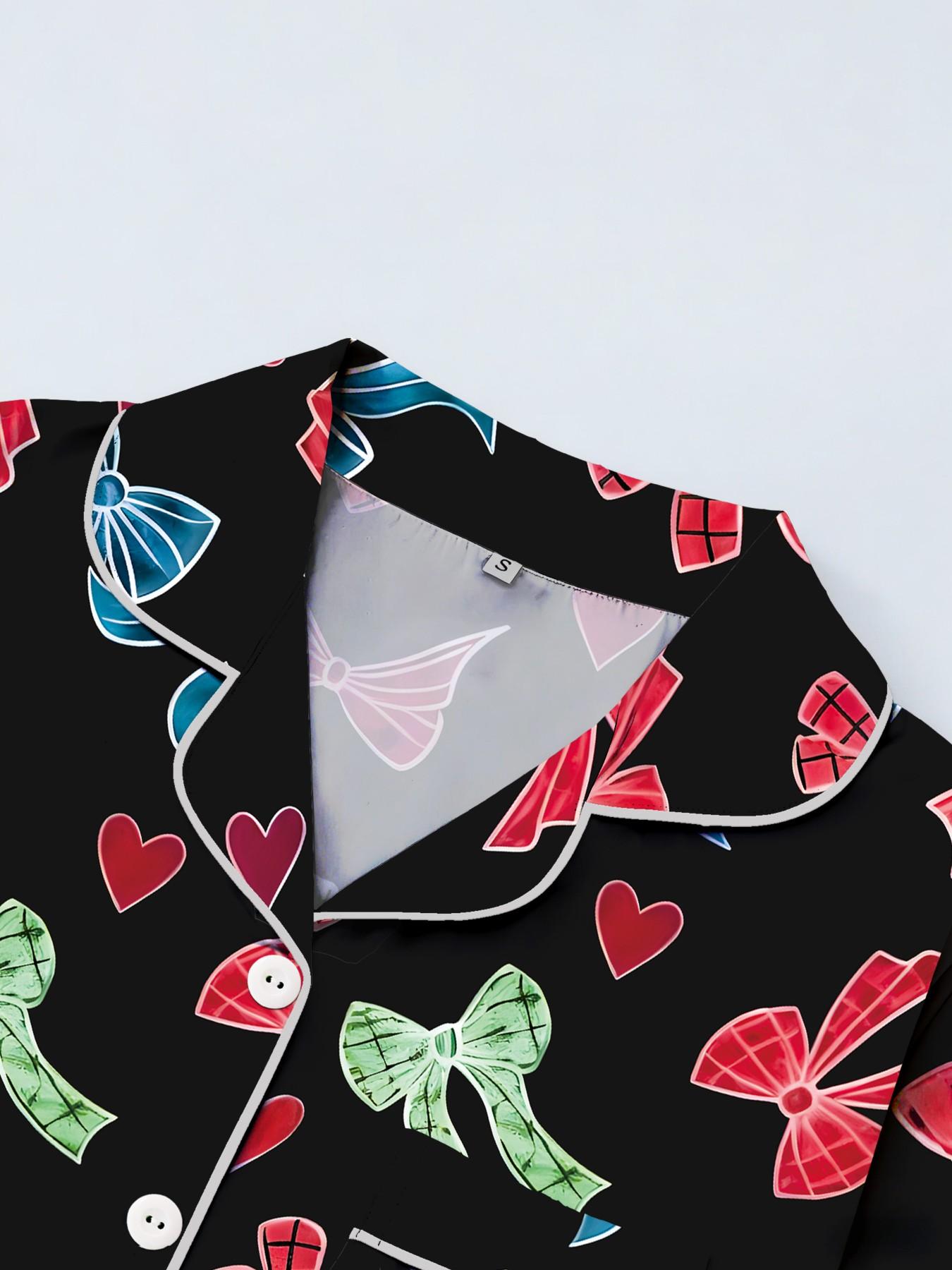 Women's Short Sleeve Button Down Top and Shorts Pajama Set, Spring Summer Wear, For American Retro Sweet Cool Girls, Black Base Vintage Bow Heart Print, Classic Lapel Collar, Loose Straight Fit, Comfortable For Home & Outings