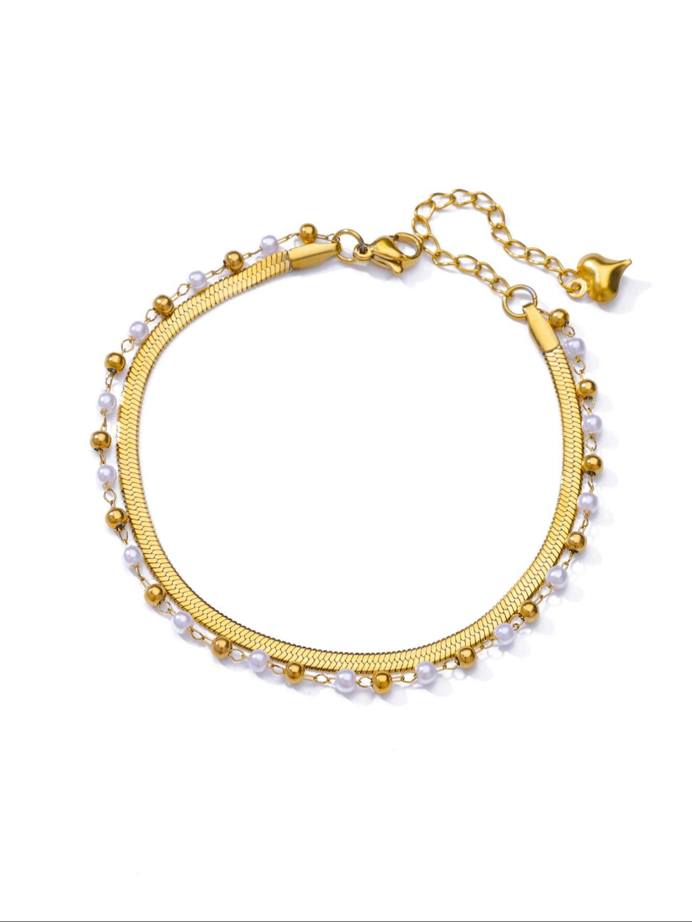 1 Pcs Imitation Pearl Round Bead Layered Anklets for Women Sainless Steel Summer Beach Flat Snake Chain Leg Chain Ankle Bracelet Femme Fashion Waterproof Jewelry,Perfect Gifts for Birthday,Party,Wedding,Anniversary,Mother's Day,Vacation,Daily