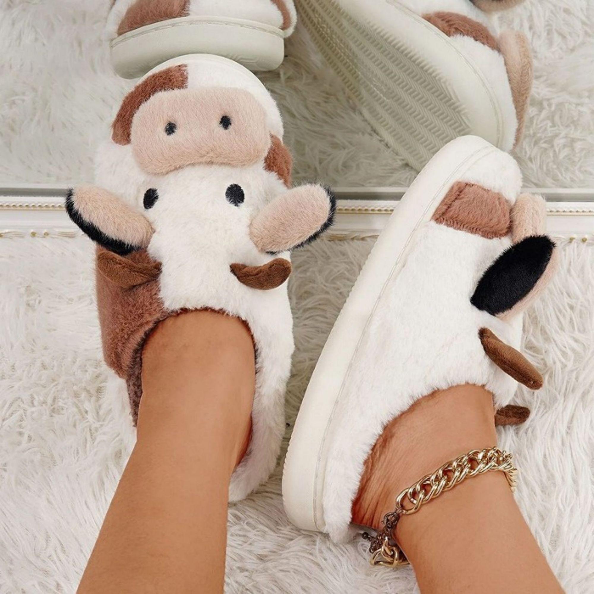 Cartoon Cow Cotton Slippers, Winter Indoor Outdoor Slippers for WomenWinter Warm Shoes