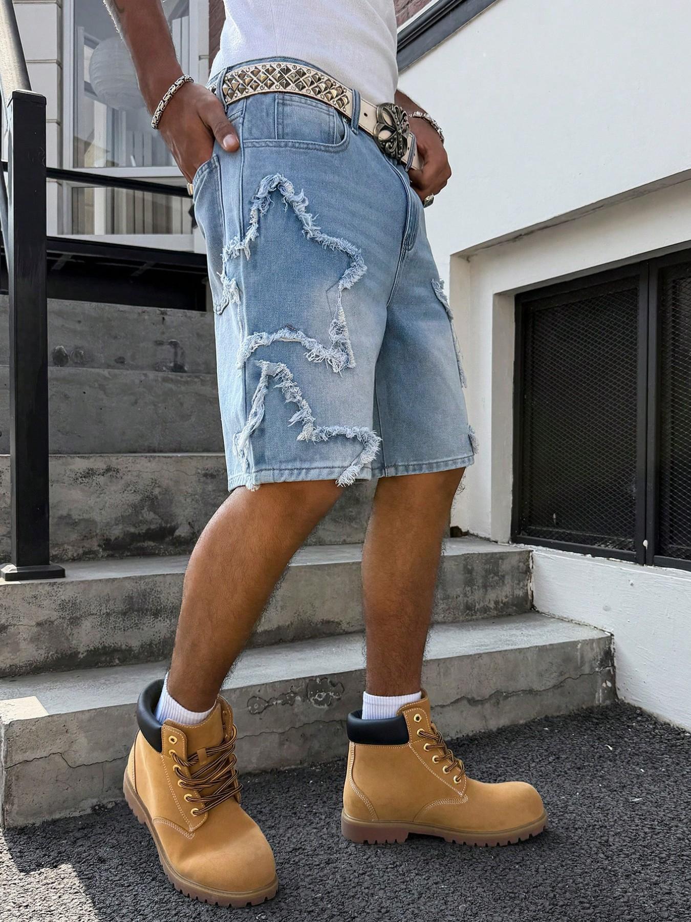 Light Blue American Vintage Washed Denim Five-Pocket Shorts for Men, Summer Loose Fit Slimming Wide Leg Pants, Trendy Star Print Shorties, Summer Casual Shorts