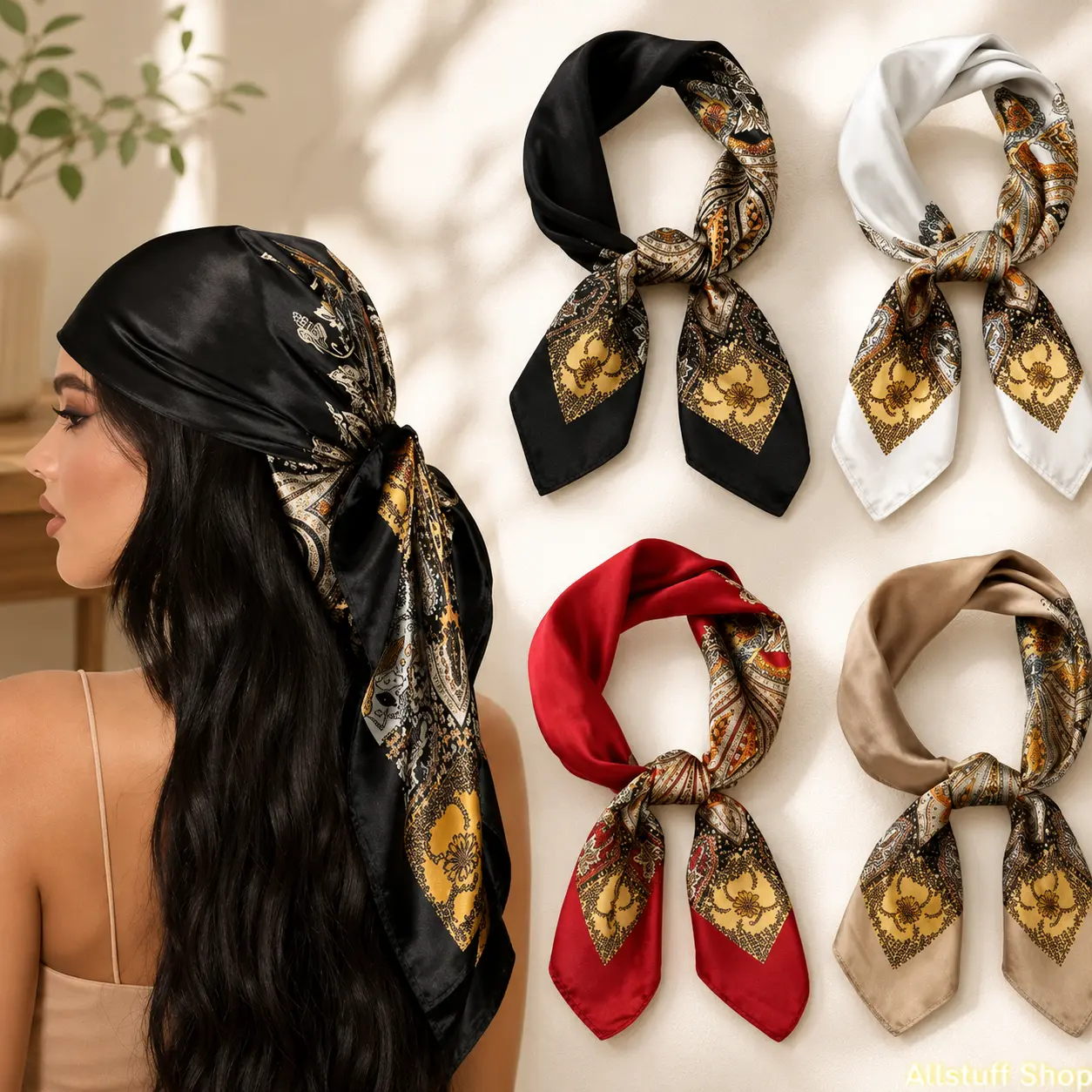 Womens Satin Head Scarf Set 4 Pack 27 Inch Silk Square Bandana Hair Wraps for Chic Styling Neck Tie UV Protection