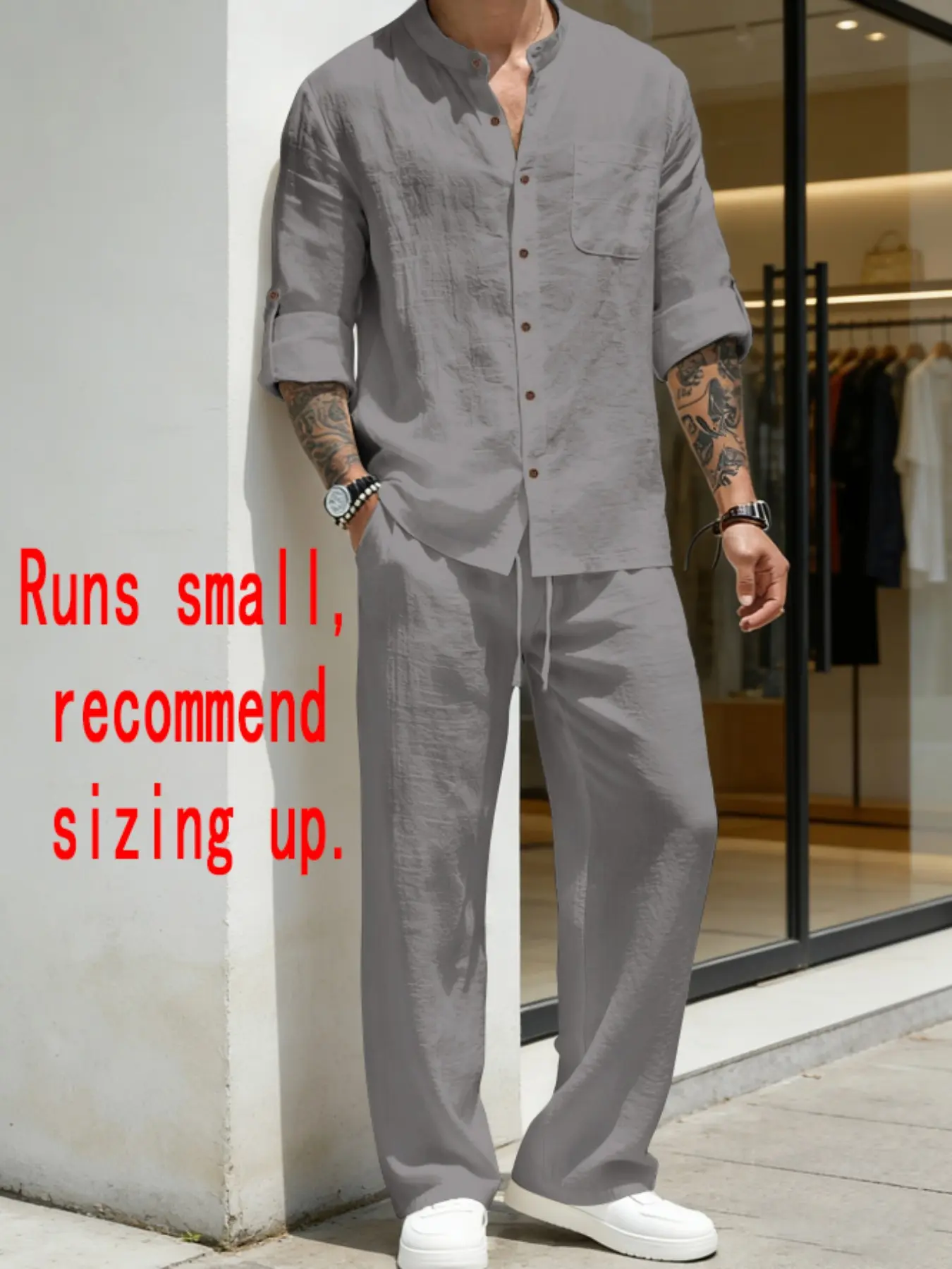Men's Linen Stand Collar Long Sleeve Button Shirt & Straight Leg Belted Pants Set, Casual Business Leisure Style, Fashionable Men's Clothing, Commute Style Set