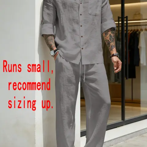 Men's Stand Collar Long Sleeve Button Shirt & Straight Leg Belted Pants Set, Casual Business Leisure Style, Fashionable Men's Clothing Outfit