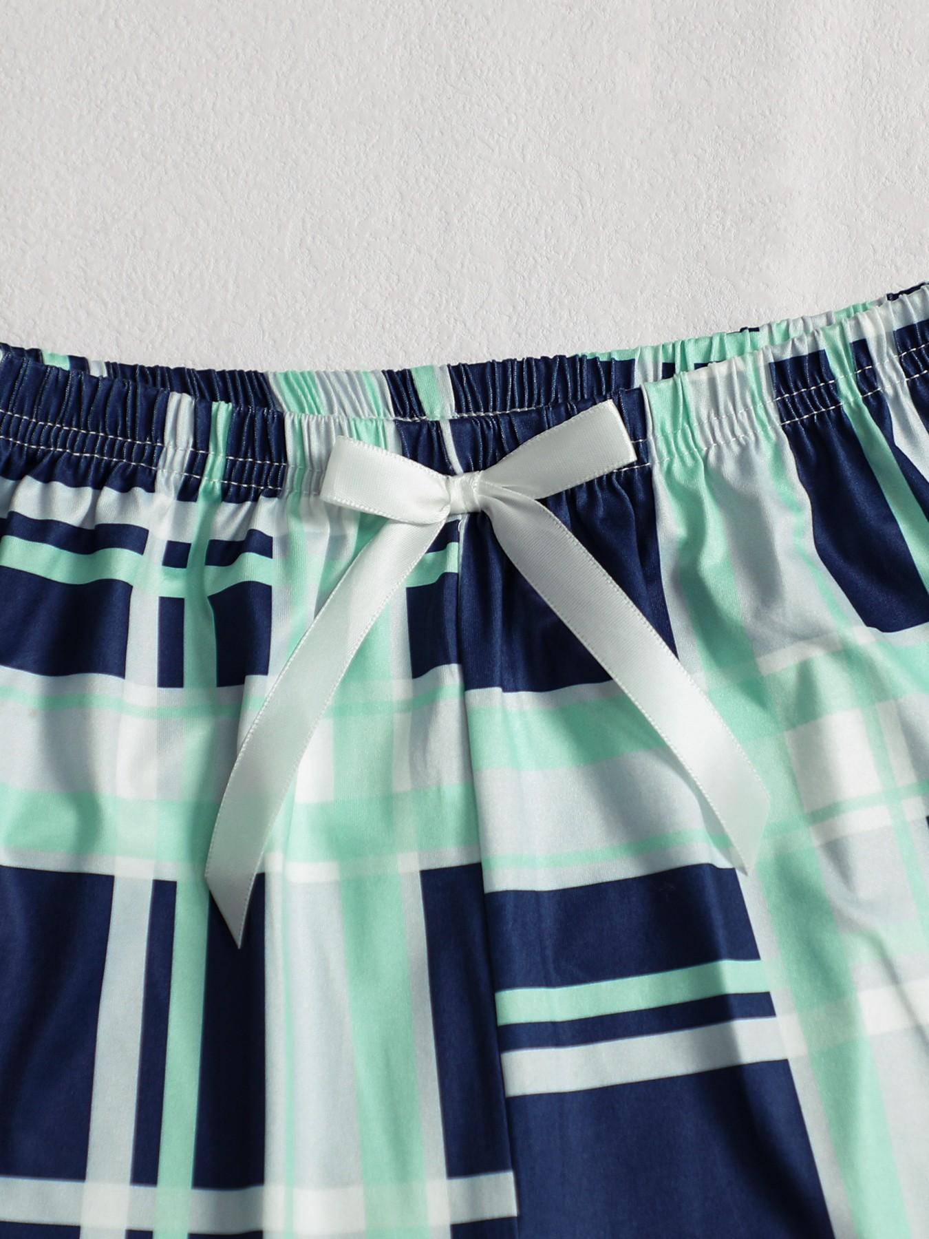 Summer Women's Sleepwear Set, Sleeveless Letter Print Plaid Shorts, Bowknot Decoration, Elegant Wearable Pajamas, Limited Edition