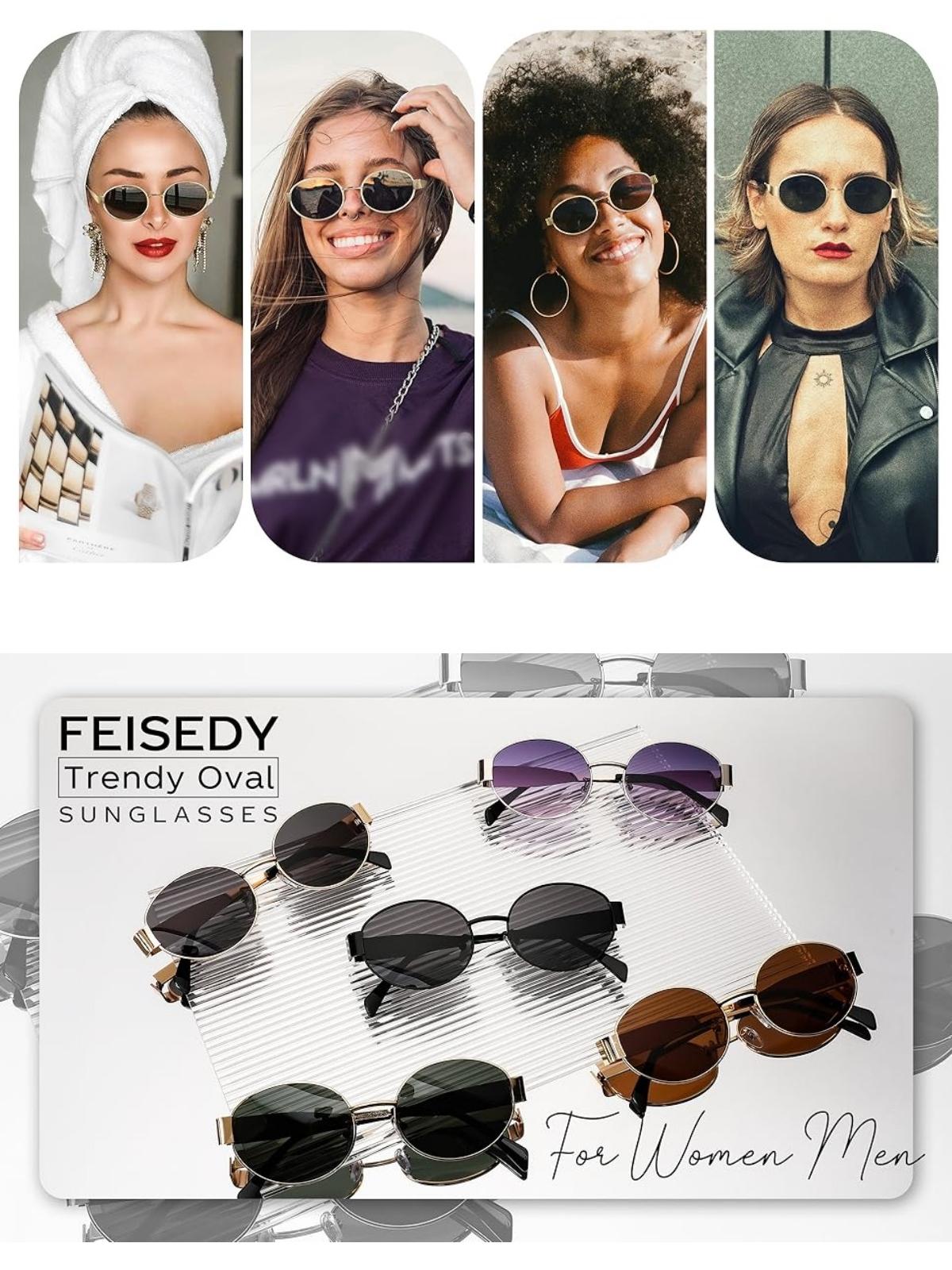 FEISEDY Trendy Retro Oval Sunglasses for Women Men Small Metal Frame Sun Glasses UV400 Shades B0124
