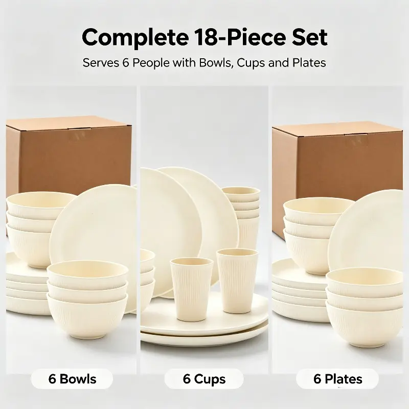 18-piece wheat straw tableware set, suitable for 6 people, including 6 plates + 6 bowls + 6 cups. Anti-drop and durable, reusable tableware. Lightweight and stackable, suitable for family dining, camping and daily use. Dinnerware Sets