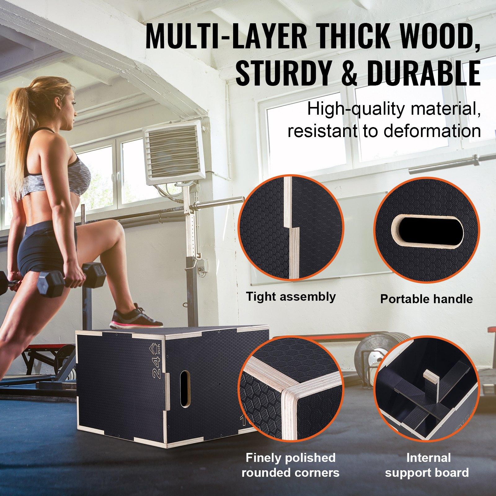 【FathersDayGift】VEVOR 3 in 1 Plyometric Jump Box, 24/20/16 Inch Wooden Plyo Box, Platform & Jumping Agility Box, Anti-Slip Fitness Exercise Step Up Box for Home Gym Training, Conditioning Strength Training, Black