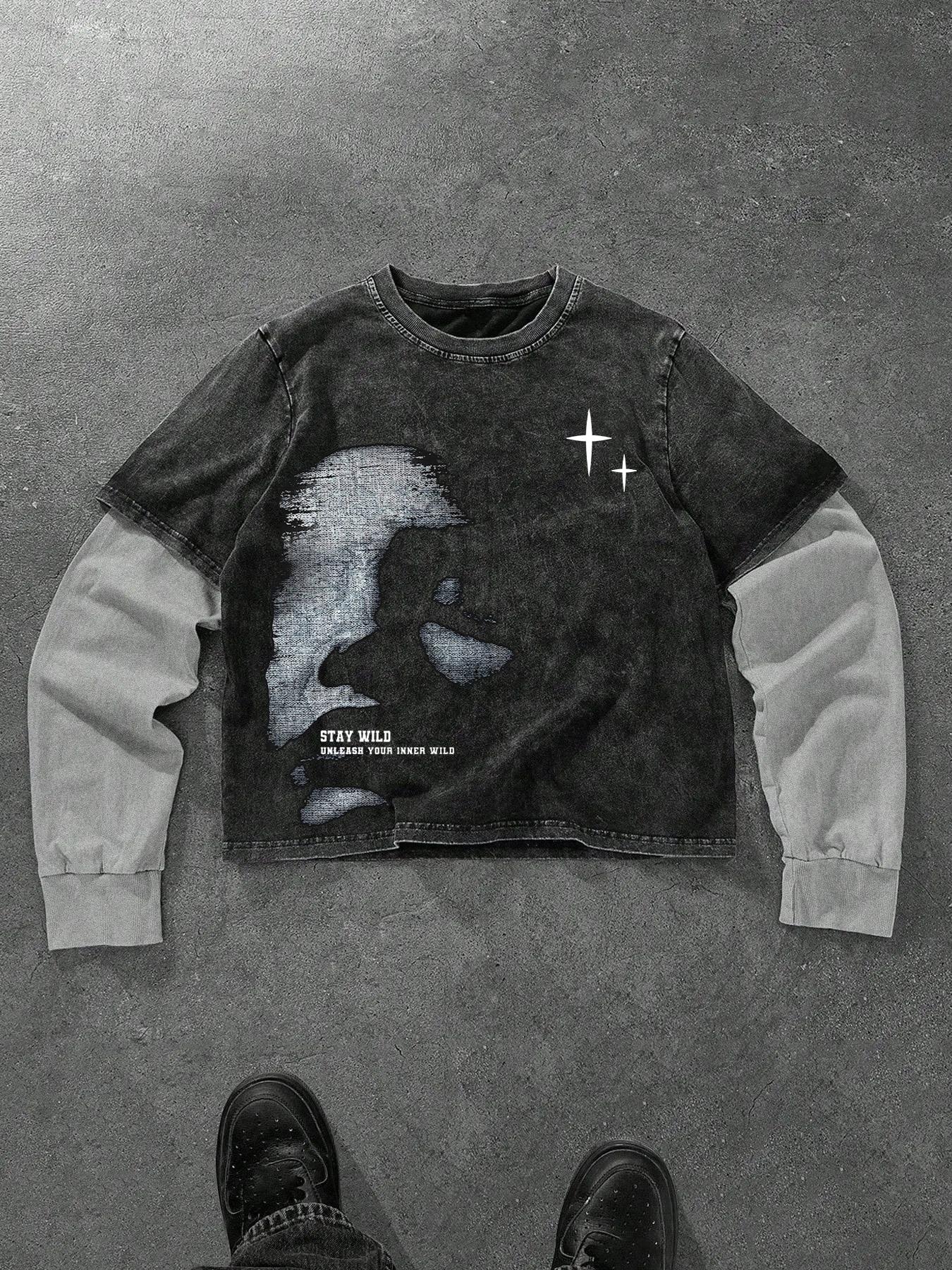 Men's Washed Cotton Mock Two-Piece Round Neck Long Sleeve Fitted Tee, with Star Print Design, a Casual and Trendy All-season Wardrobe Essential