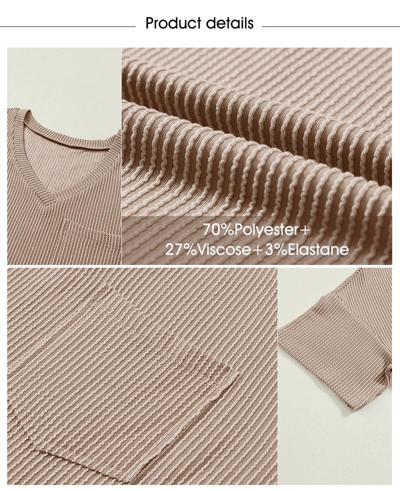 EVALESS Women's Oversized Summer T Shirts Tops V Neck Short Sleeve Ribbed Knitted Casual Loose Fit Blouses with Pocket 2026 Womenswear Springtok Outfits