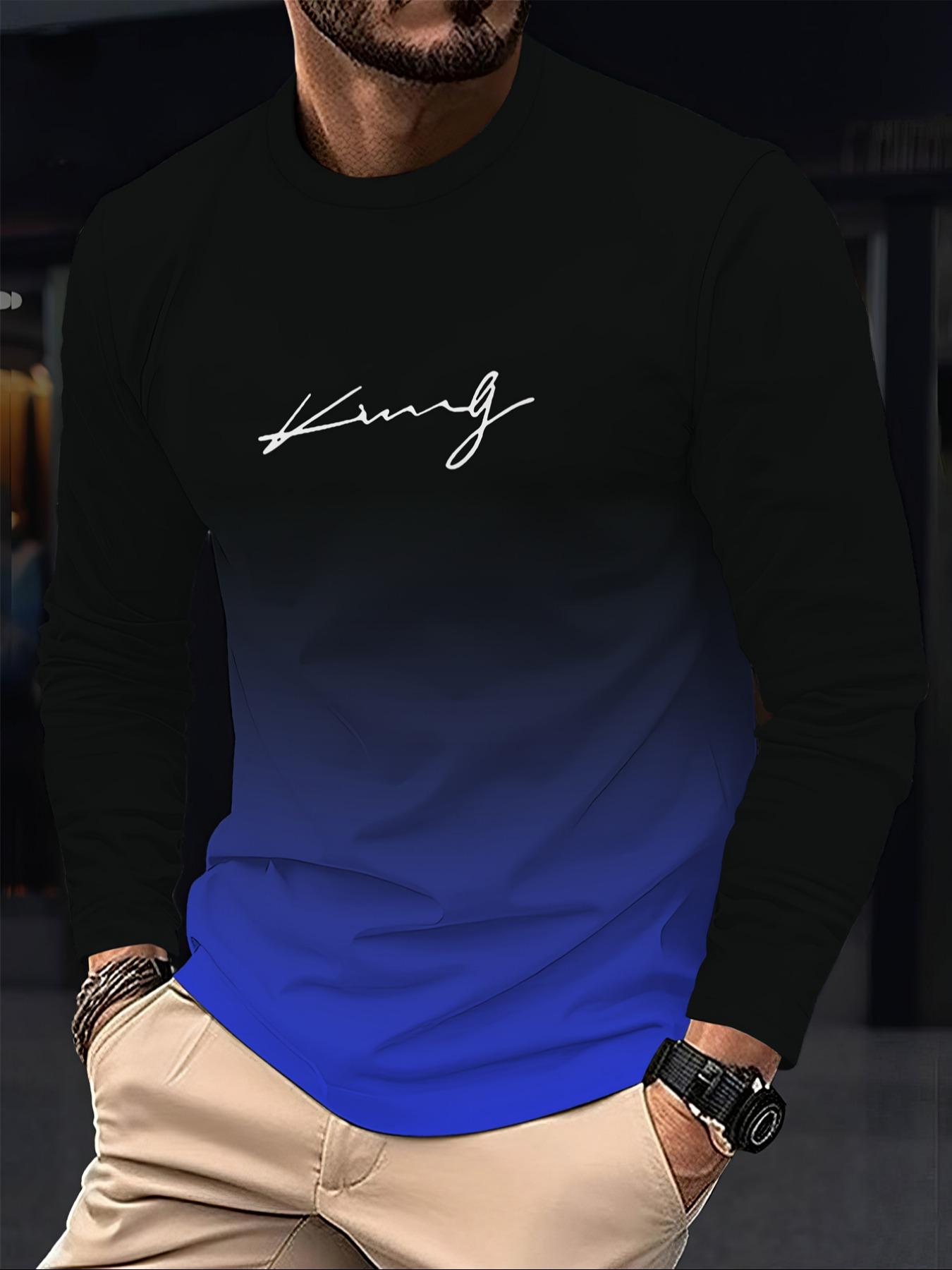 Men's Casual Long Sleeve Fitted T-Shirt, Gradient Color, Polyester Material, Round Neck, Letter Print Design