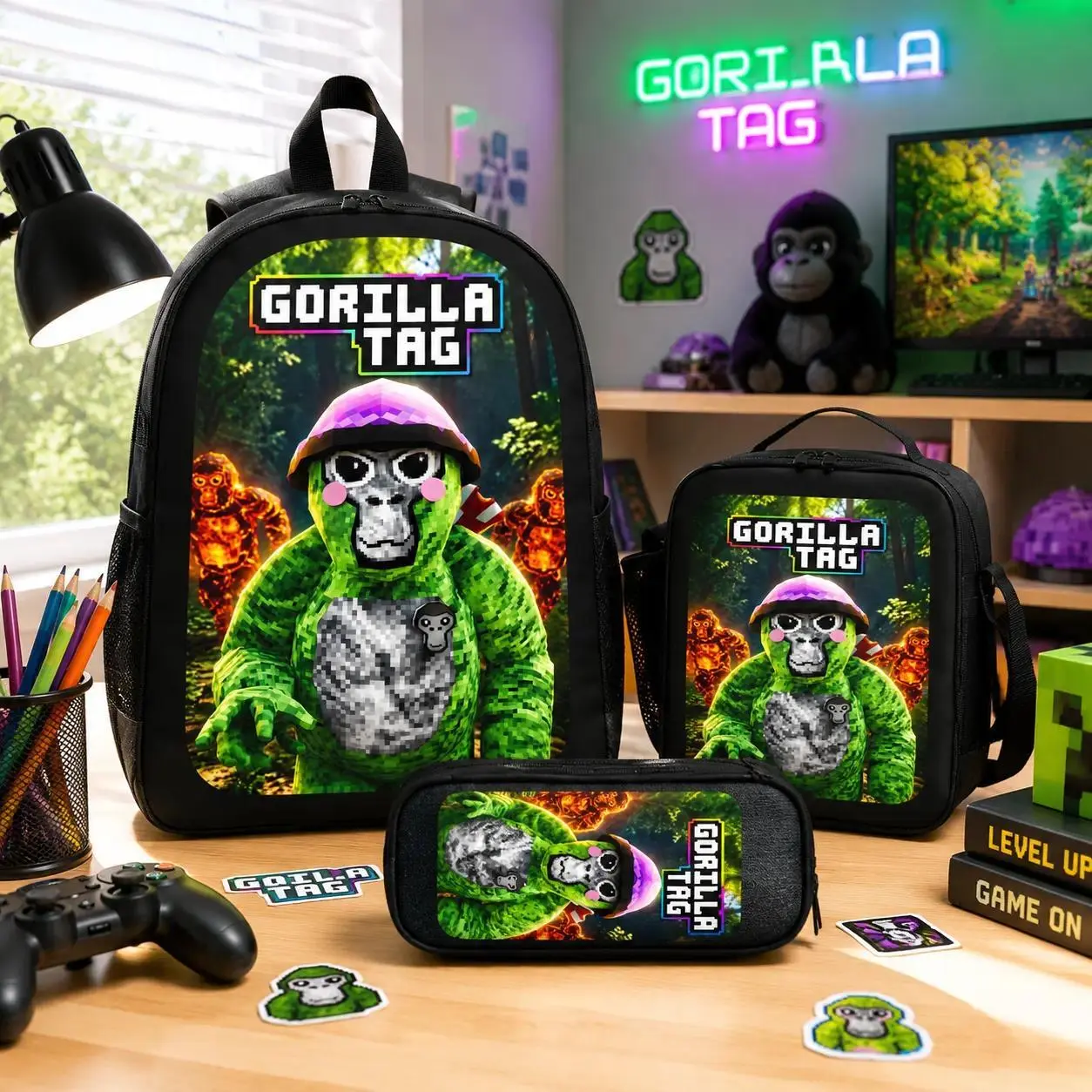 Gorilla Tag 3PCS Backpack Set with Lunch Bag Pencil Case Game Style School Backpack Lightweight Travel Daypack Bookbag for Boys Girls Teens Gaming Fans Back to School Gift Trendy TikTok Backpack Bundle Comfortable Shoulder Strap Casual Backpack Set