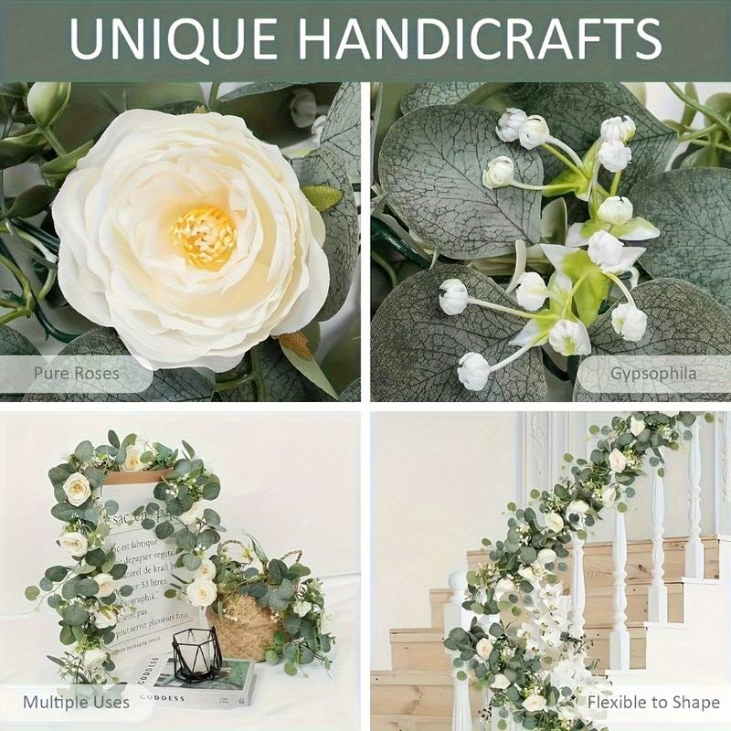 70-Inch Eucalyptus and Rose Garland, Plastic Flower Vine for Home Decor, Wedding, Engagement Table Decoration, Suitable for Various Room Types, Featherless Plastic Floral Vine, Ideal for Party Tables & Indoor Wall Backdrops, Artificial Eucalyptus Garland