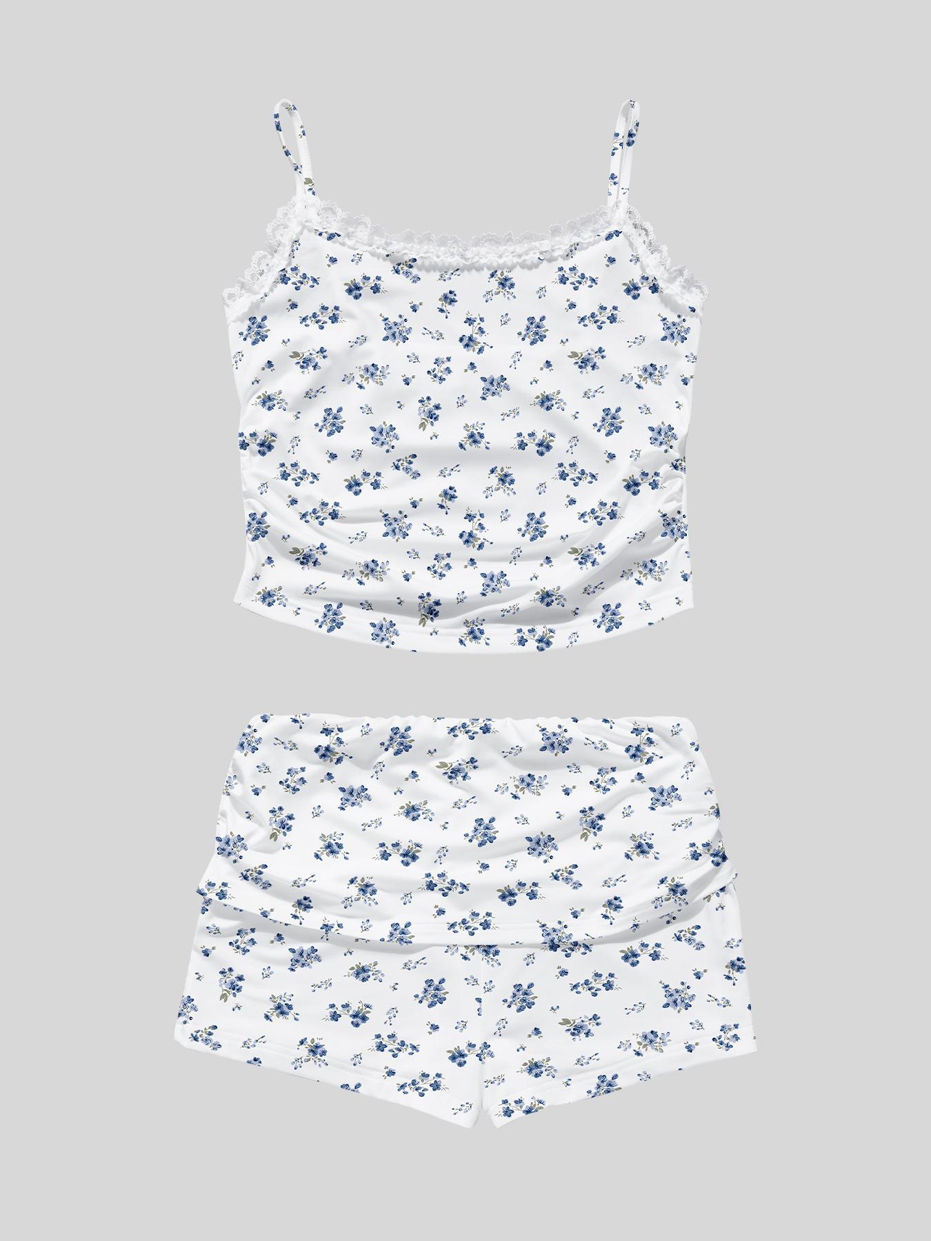 Women's Cherry Print Floral Cami Top & Shorts Pyjama, Casual Comfy Ruffle Trim Camisole & Shorts Pj Set, Ladies Sleepwear for Summer, Pajamas, Womenswear, Loungewear