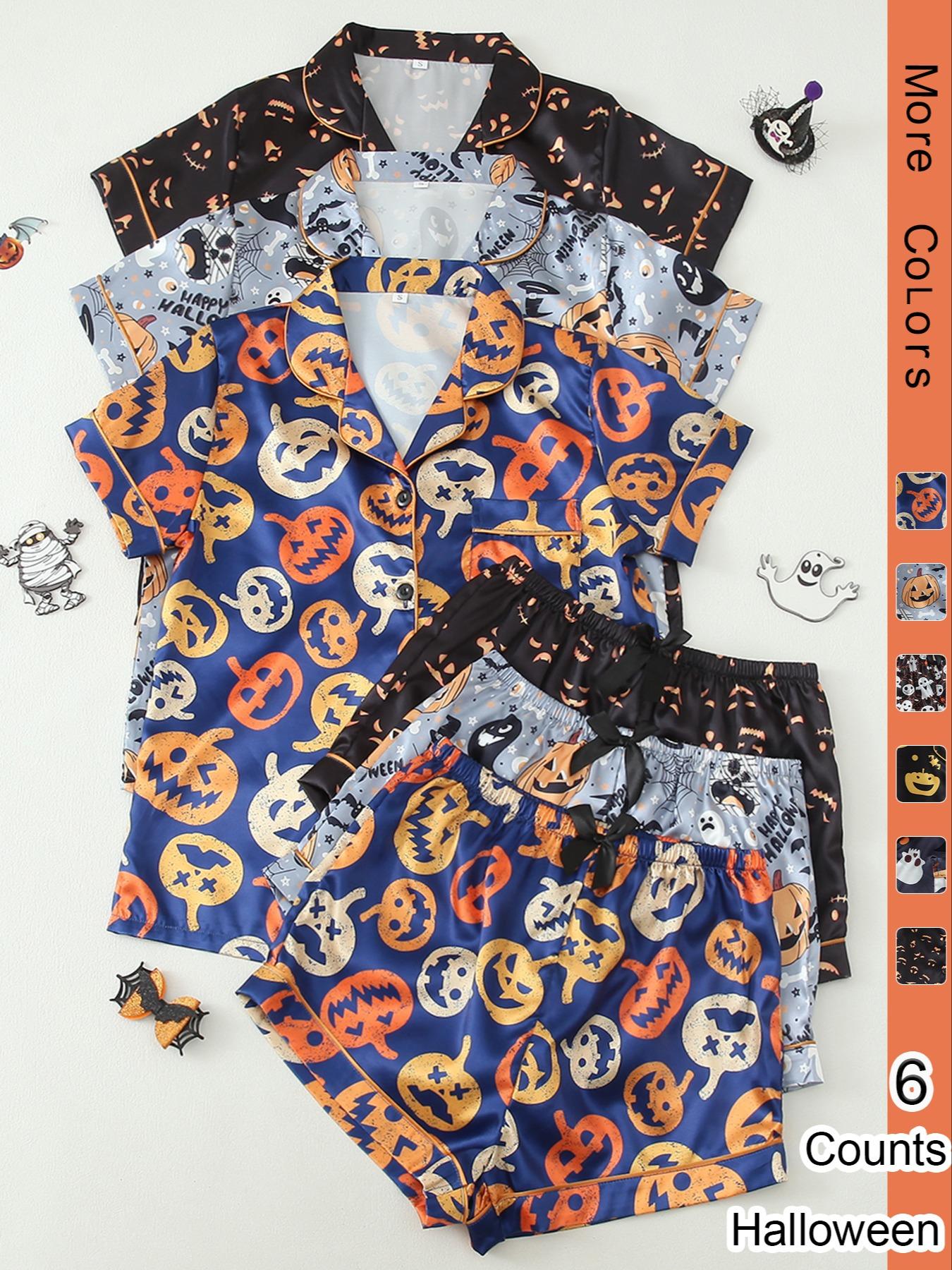 Six-Piece Set Women's Christmas Theme Contrast Binding Short Sleeve Satin Loungewear Set for Christmas Gifts, Summer Outfits 2024, Basic Button Front Shirt & Bow Decor PJ Shorts, Lounge Co-ord Set, Womenswear