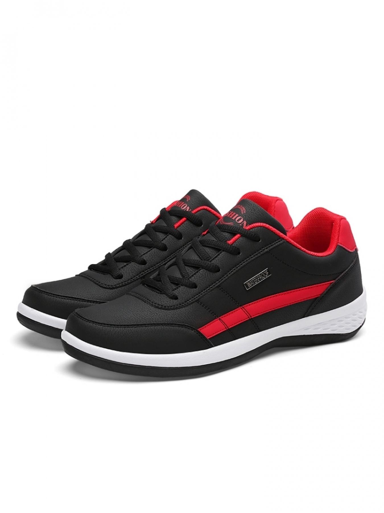 Men's Black & Red Color-block Casual Sports Shoes with Leather Upper, Non-slip Wear-resistant Sole, Soft Cushioned Support for Daily Commute and Street Style