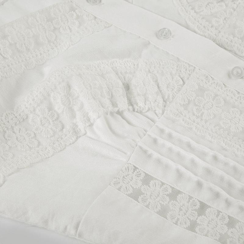 Women's Plain Contrast Lace Frill Trim Button Front Blouse, Sweet Fashion Puff Sleeve Top for Summer, Women's Clothing for Daily Wear