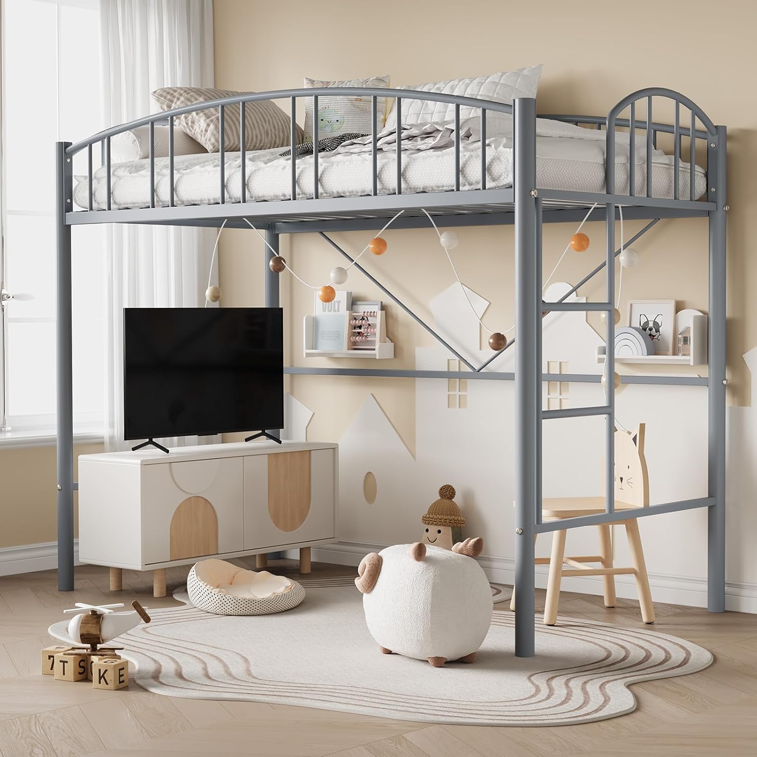 Loft Bed Twin Size, Heavy Duty Metal Loft Bed Frame with Arched Guardrail and Safety Ladder, Space-Saving, No Box Spring Needed
