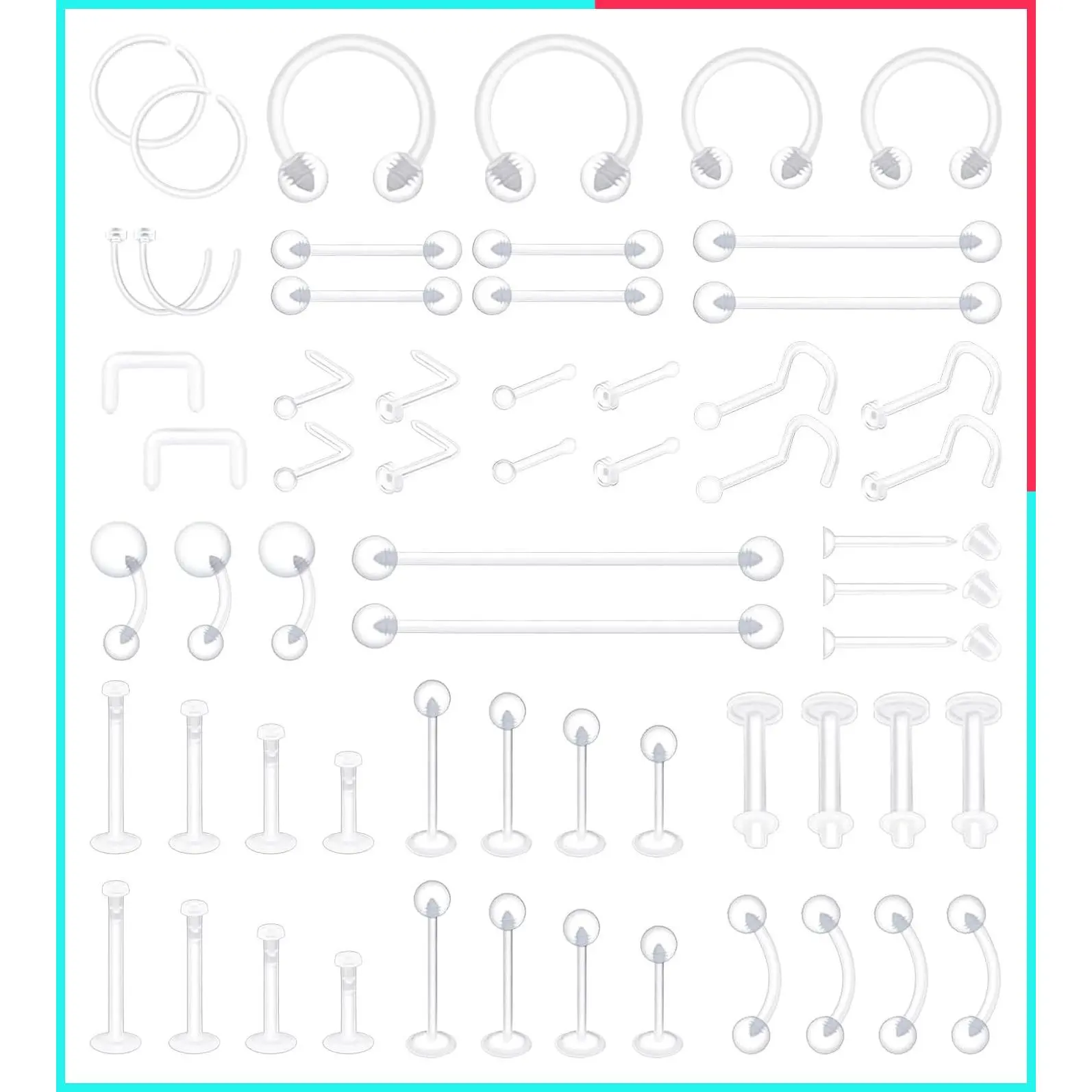 60Pcs Clear Bioflex Plastic Piercing Retainers for Surgery, Work - Versatile for Nose, Belly, Nipple, Tongue, Septum, Eyebrow, Lip, Cartilage, Tragus, Helix, Daith, Rook, Industrial & Earrings