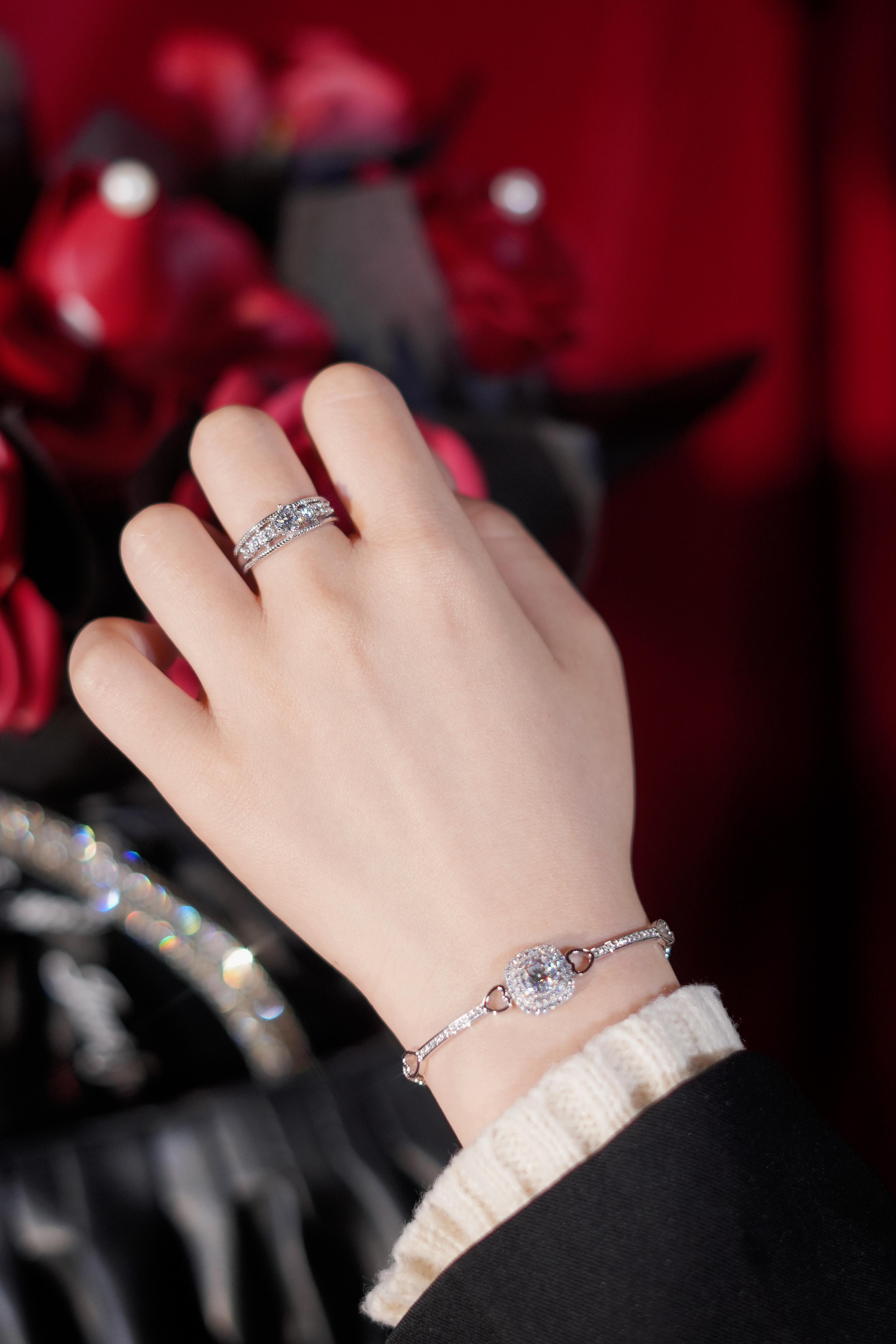 【#386 Spring Special】Antique Filigree Ring 1/2CT and Square Halo Slider Bracelet 1CT Synthetic Moissanite in 925 Sterling Silver