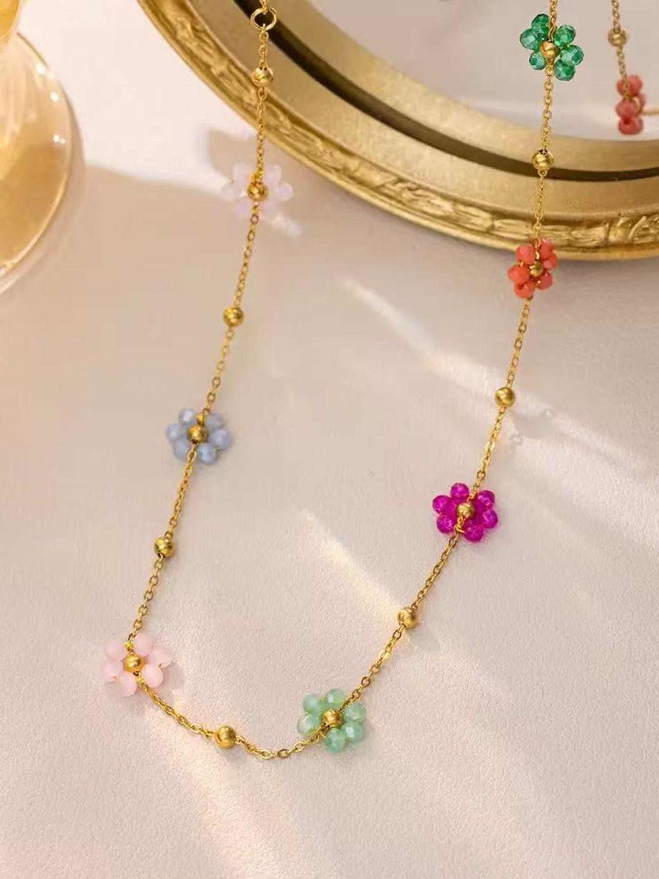 Boho Style Colorful Beaded Flower Necklace Set, Handmade Daisy Pendant Fringe Design, 14k Gold Plated Chain Jewelry Gift