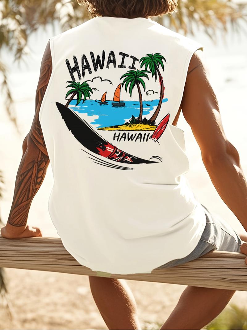 Men's Sleeveless Tank Top HAWAII Hawaiian-Style Coconut Tree & Surf Print Vacation Casual Personalized Vest Men's Sleeveless Tank Top HAWAII Hawaiian-Style Coconut Tree & Surf Print Vacation Casual Personalized Vest