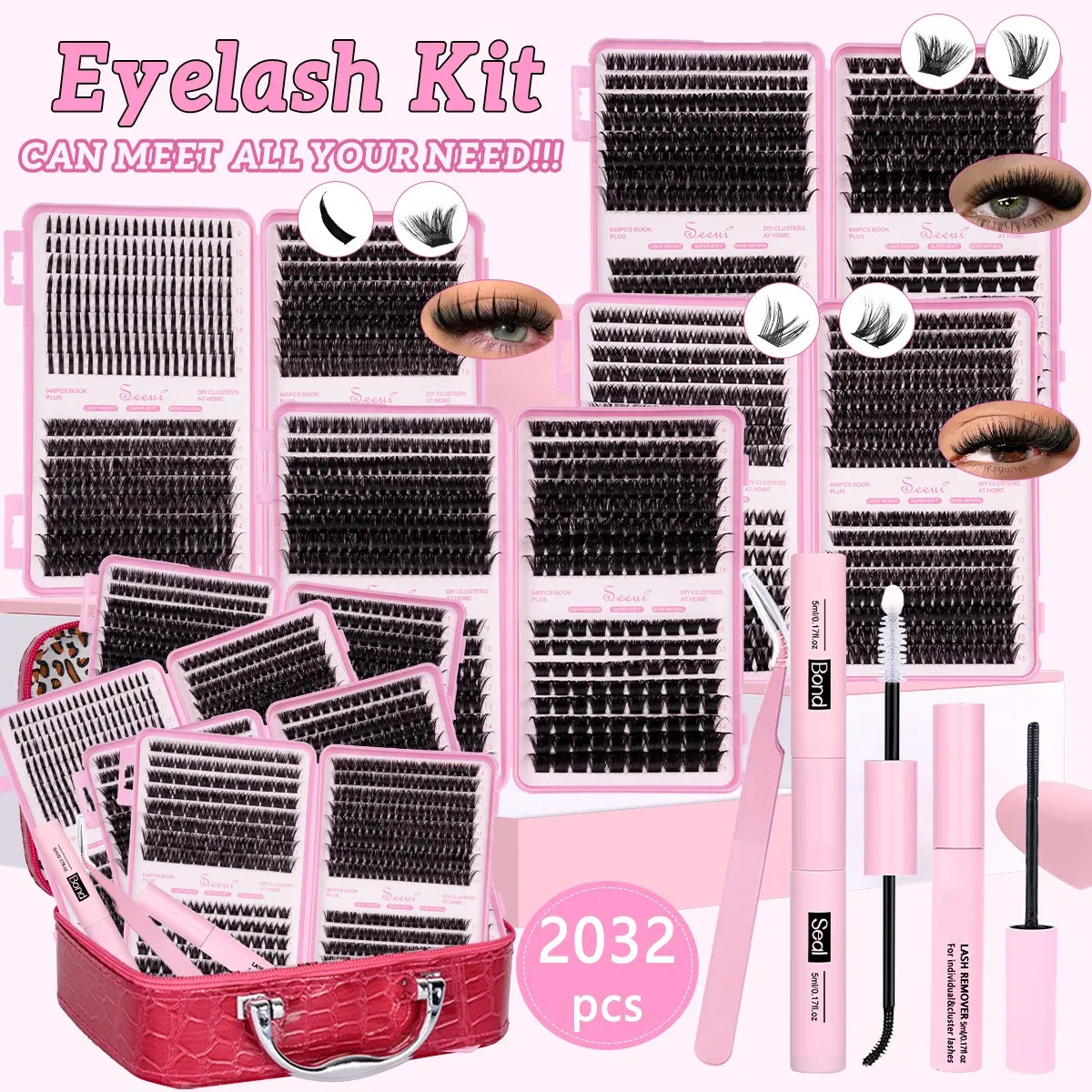 2032Pcs Thick Lash Clusters Kit, 80-200D DIY Cluster Lashes Gift Set, 4 Boxes Lash Clusters Eyelash Extensions, Thick Spikes, Spiky Lash Clusters, With Bond &Sea l&Remove &Tweezers, Easy DIY Salon Look at Home Long-Lasting Glam for Beginners
