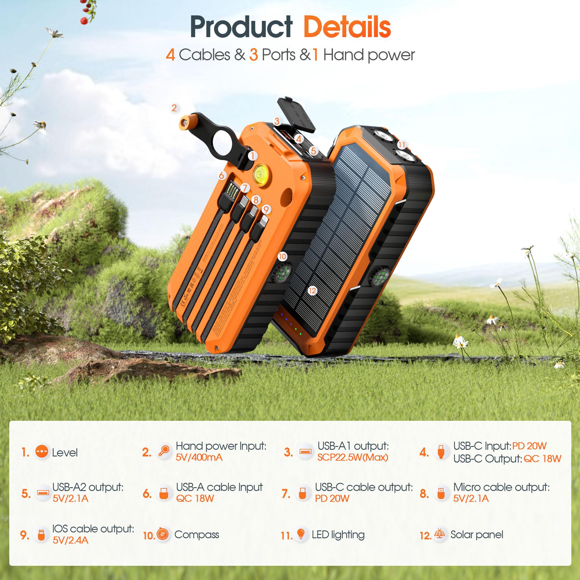 RETMSR 40000mAh Solar-Powered Power Bank: Wireless charging, built-in flashlight, compass, hand crank, 22.5W fast charging, 4 data cables and 6 output ports. Suitable for outdoor hiking, fishing, etc., a portable solar charger.