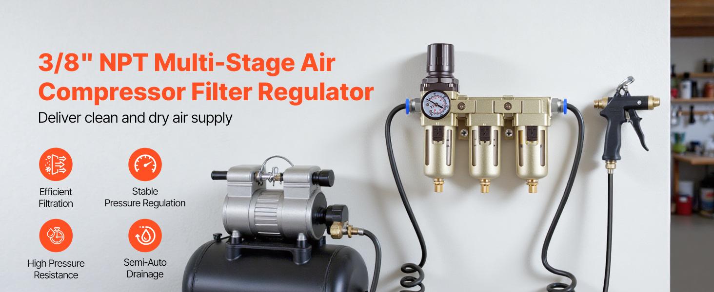 VEVOR Air Compressor Filter Regulator, 3/8 NPT 3-Stage Air Compressor Water Separator with 5m/1m/0.01m Micron Filter Elements, Semi Auto Drain Air-Drying System 145PSI Max Pressure, Poly Bowl