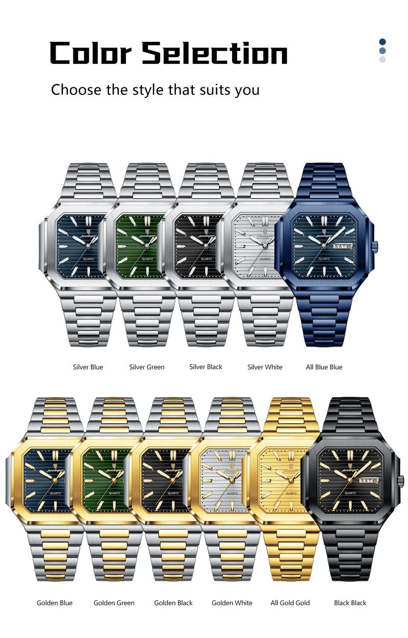 Poedagar square luxury fashion men's waterproof quartz watch, with luminous date and day display, stainless steel men's watch Square dial wristwatch