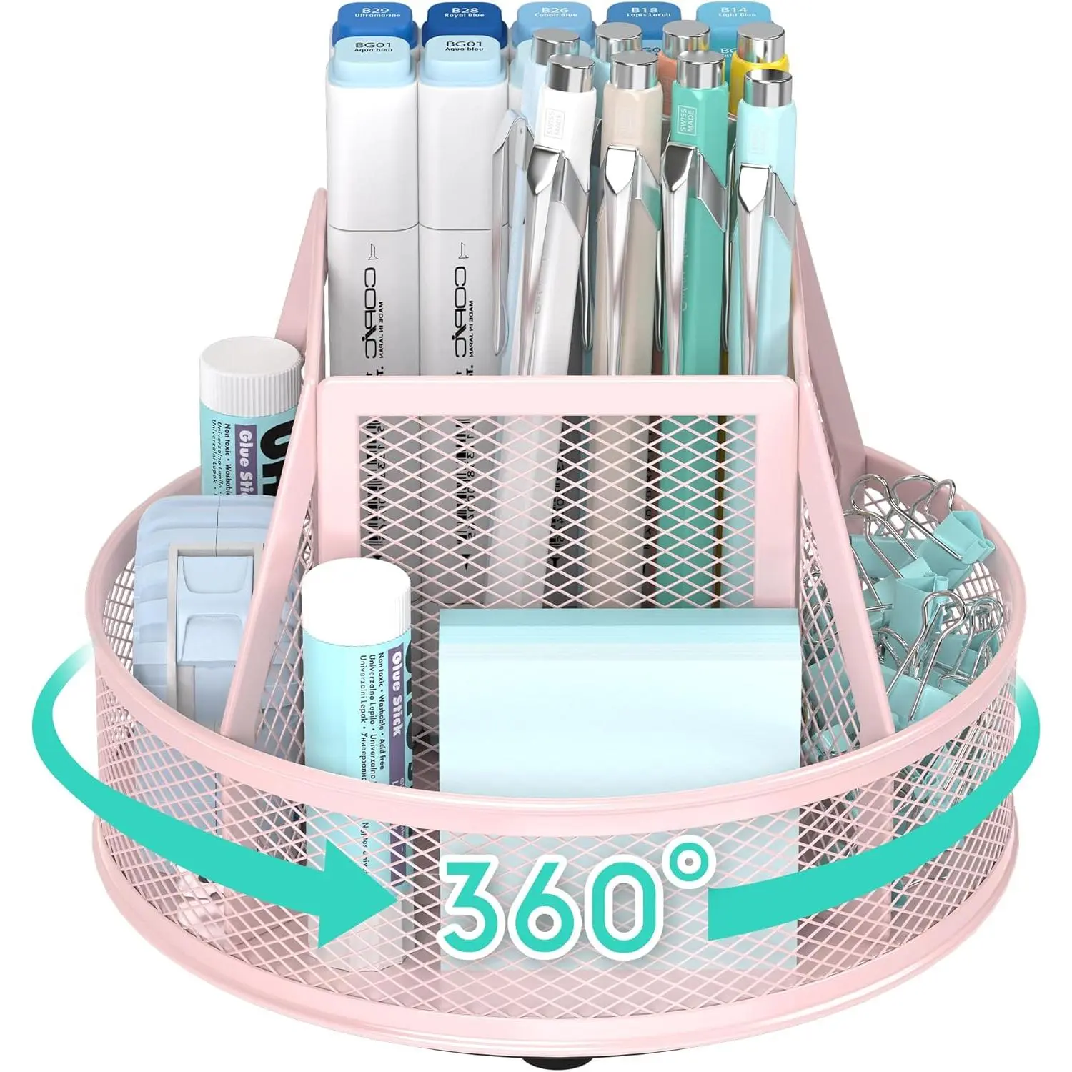 360° Rotating Mesh Desk Organizer & Pen Holder - 5 Compartments, 5 Sections, Steel Wire Build, Anti-Slip Base, Smooth Spin, Space-Saving for Office Desk Pen Storage