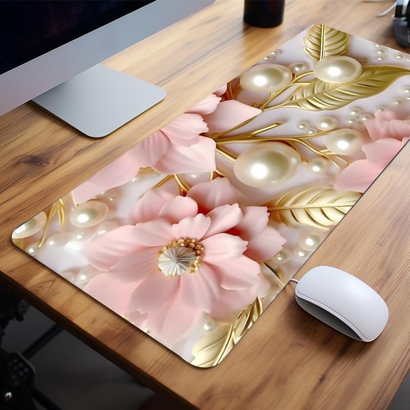 Floral Pearl Pattern Mouse Pad, Aesthetic Painting Large Gaming Mouse Pad, Office Desk Accessories, Desktop Accessory, Non-slip Rubber Base Stitched Edge Desk Pad for Home Office Game, Pastel Color