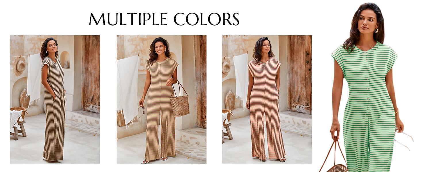 Cicy Bell Womens Casual Striped Jumpsuits Summer Cap Sleeve Wide Leg Jumper Romper Button Down Travel Beach Outfits