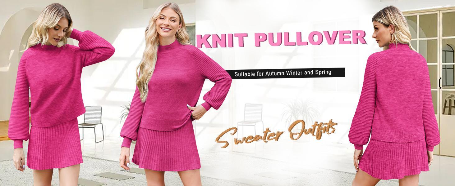 Women's 2-Piece Fitted Outfits - 2026 Long-Sleeve Mock Neck Soft Ribbed Knit Sweater & Puff Sleeve Mini Skirt Set, Easy Dress-Up Casual Fall Winter Fashion