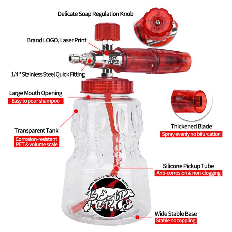 BEAR FORCE High Pressure Washer Foam Cannon Kit 3000PSI, FOR PRESSURE WASHER, Spray Gun Power Washer Short Handheld with M22 Inlet-14mm & Foam Cannon Foam Gun with 5 Nozzles Tips #035 & 3/8'' Quick Connector, Snow Foam Lance, 1 Liter, Car Washing