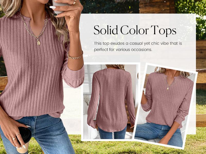 Shewin 2026 Spring Cozy Soft Ribbed Knit Striped Blouse Women's V-Neck Long Sleeve Pullover Top Comfy for Work & Casual Daily Looks in Viscose & Polyester Blend