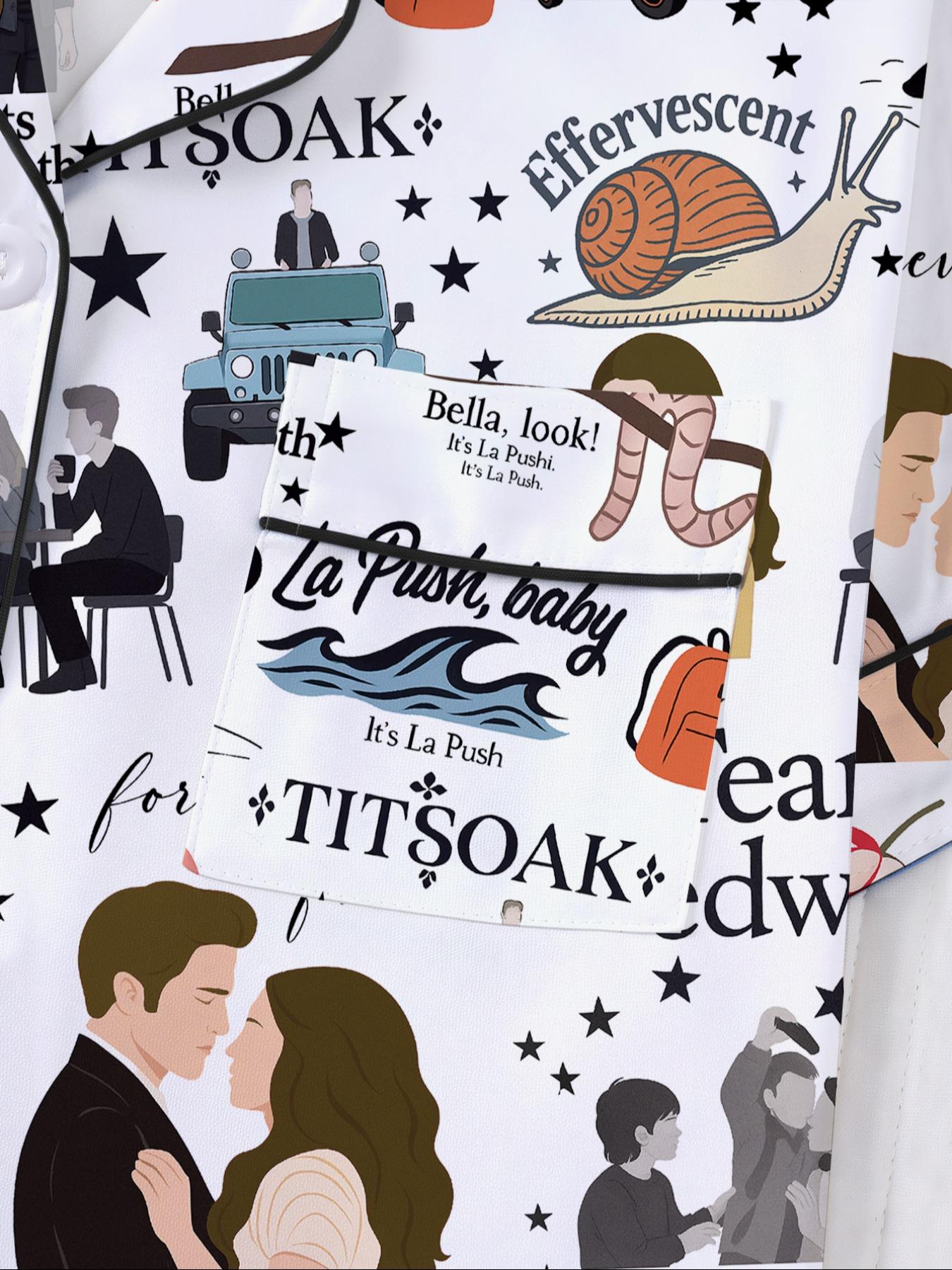 【Valentine's Day Pajamas】 Set, Twilight Print Couple Women Sleepwear, Short Sleeve Button-Up Top & Elastic Shorts, Casual Home Wear