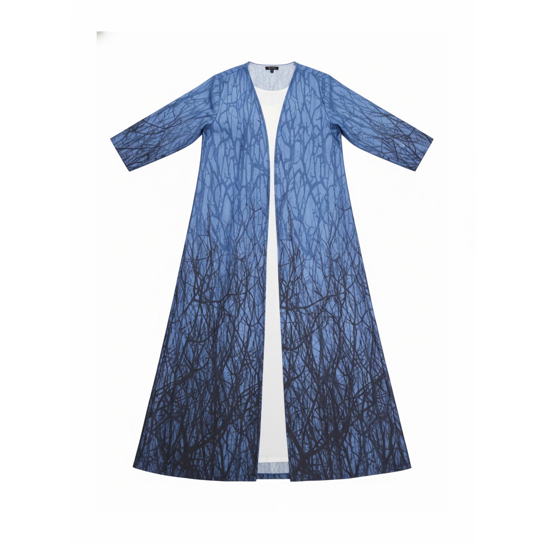 Midnight Forest Print Open Abaya Artistic Blue Kimono Cardigan | One Size Fits Most S-2XL | Perfect for Beach Resort, Art Gallery & Summer Evenings