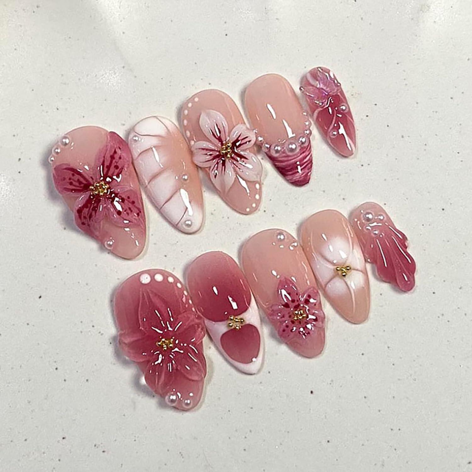 Soft Pink Cherry Blossom Nails - Hand-Carved Floral Press Ons with Pearl Details Flower Nails