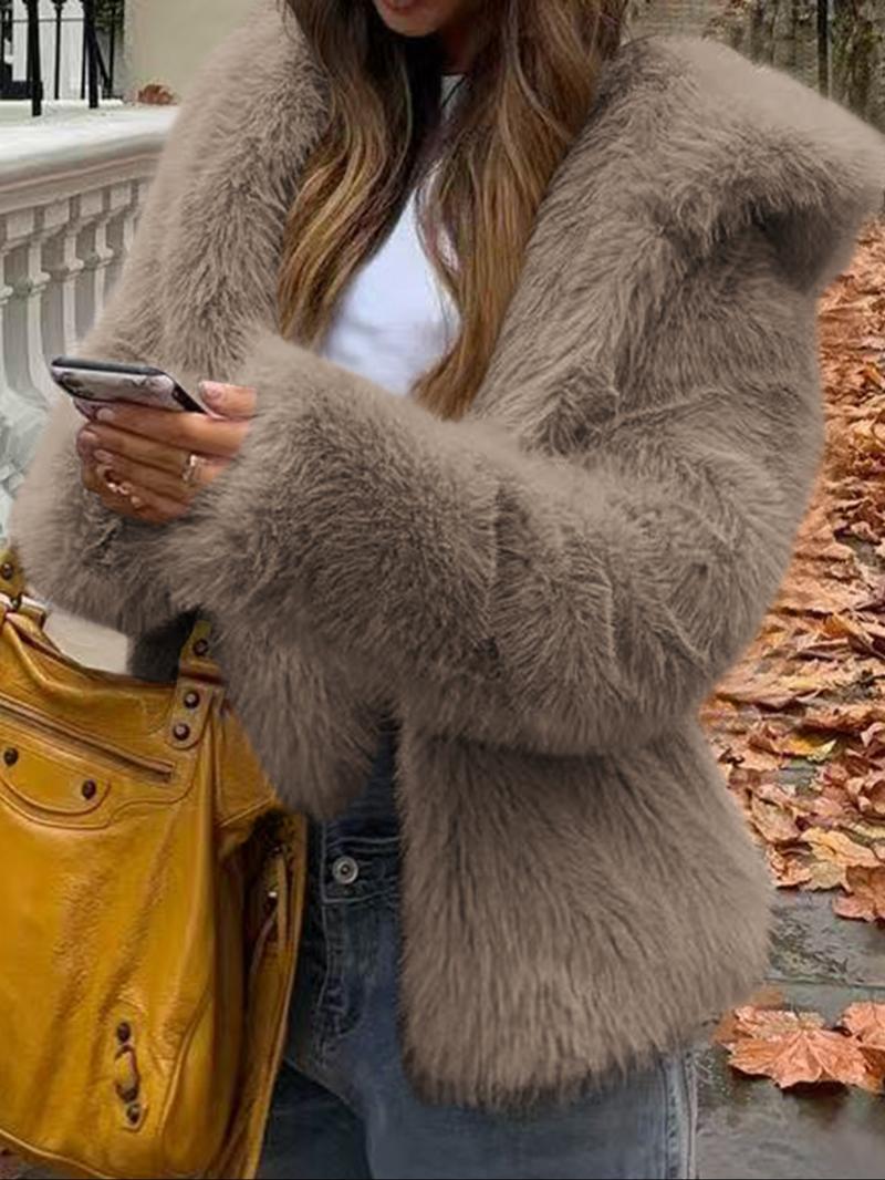 Women's Casual Faux Fur Hooded Jacket, Short Fall & Winter Coat, Medium-Weight with a Luxe Feel, Fitted Design