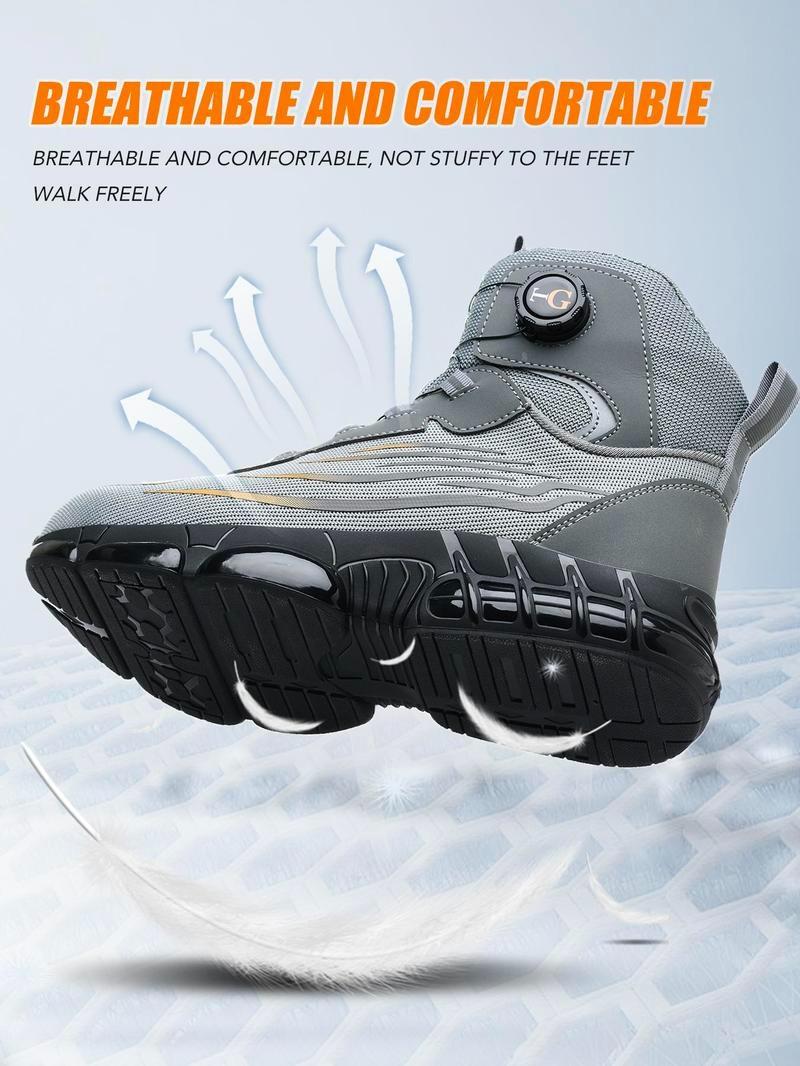 Men's Black Shoes Mid-Cut Steel Toe Puncture-Proof and Smash-Proof with Rotary Buckle Lace-Free Work Boots Non Slip Suitable for Outdoor Work Blue Collar Industrial Construction Protective New Fashion Safety Sneakers Fathersdaygift