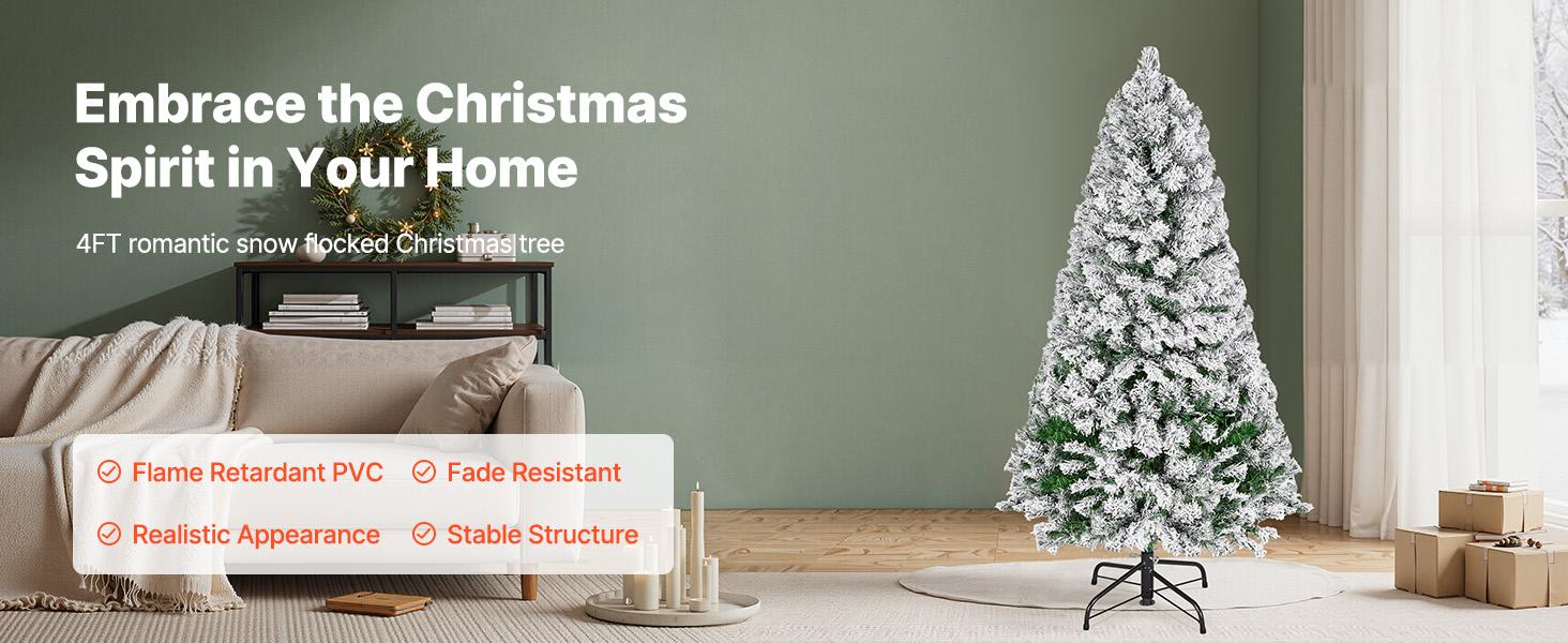 VEVOR Christmas Tree, 4ft Prelit Flocked Artificial Tree, Full Holiday Xmas Deco Trees with 120 Warm White LED Lights, 8 Lighting Modes 539 Branch Tips for Home Party Office Decoration